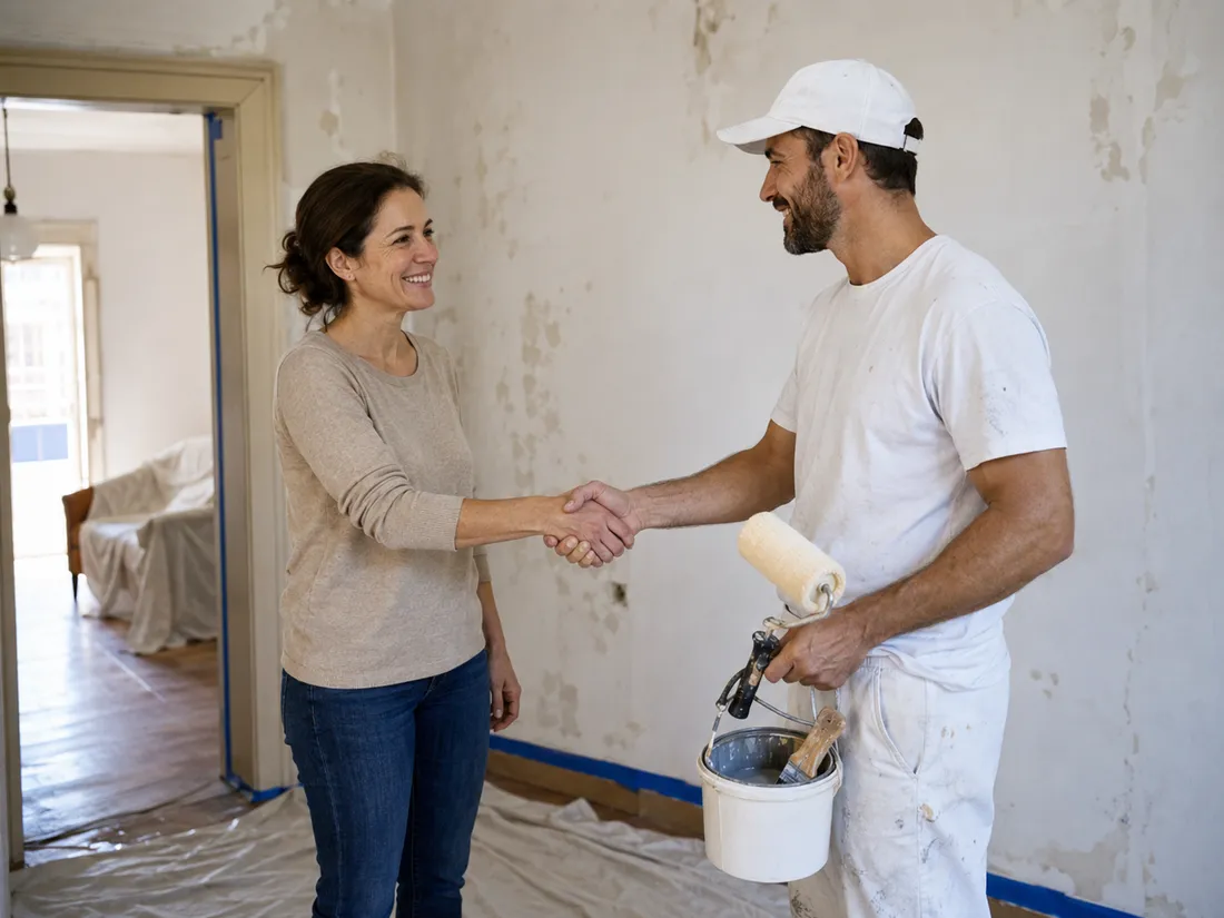 Peintre serrant la main d'une cliente avant le début du chantier