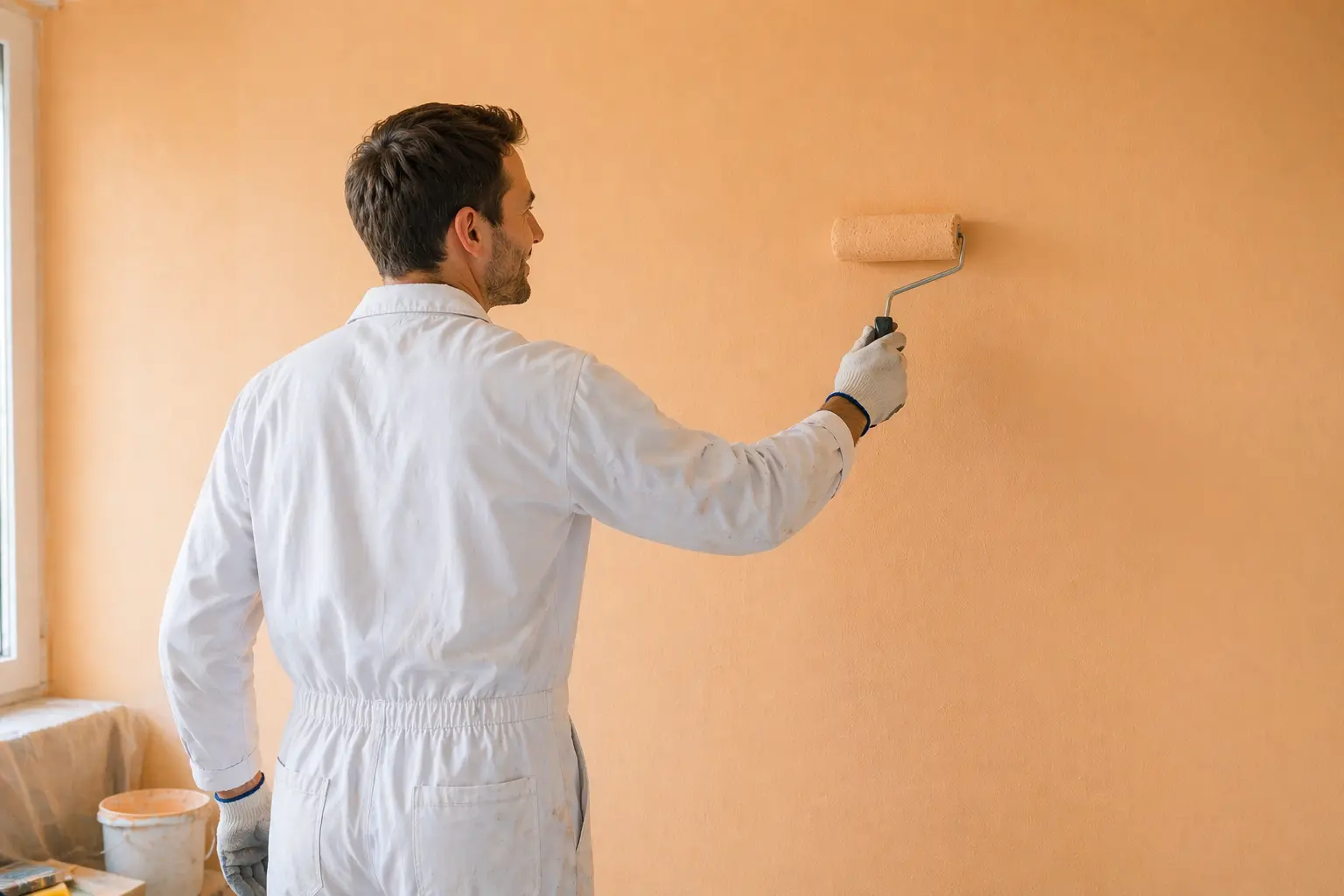 Peintre appliquant de la peinture au rouleau sur un mur du salon